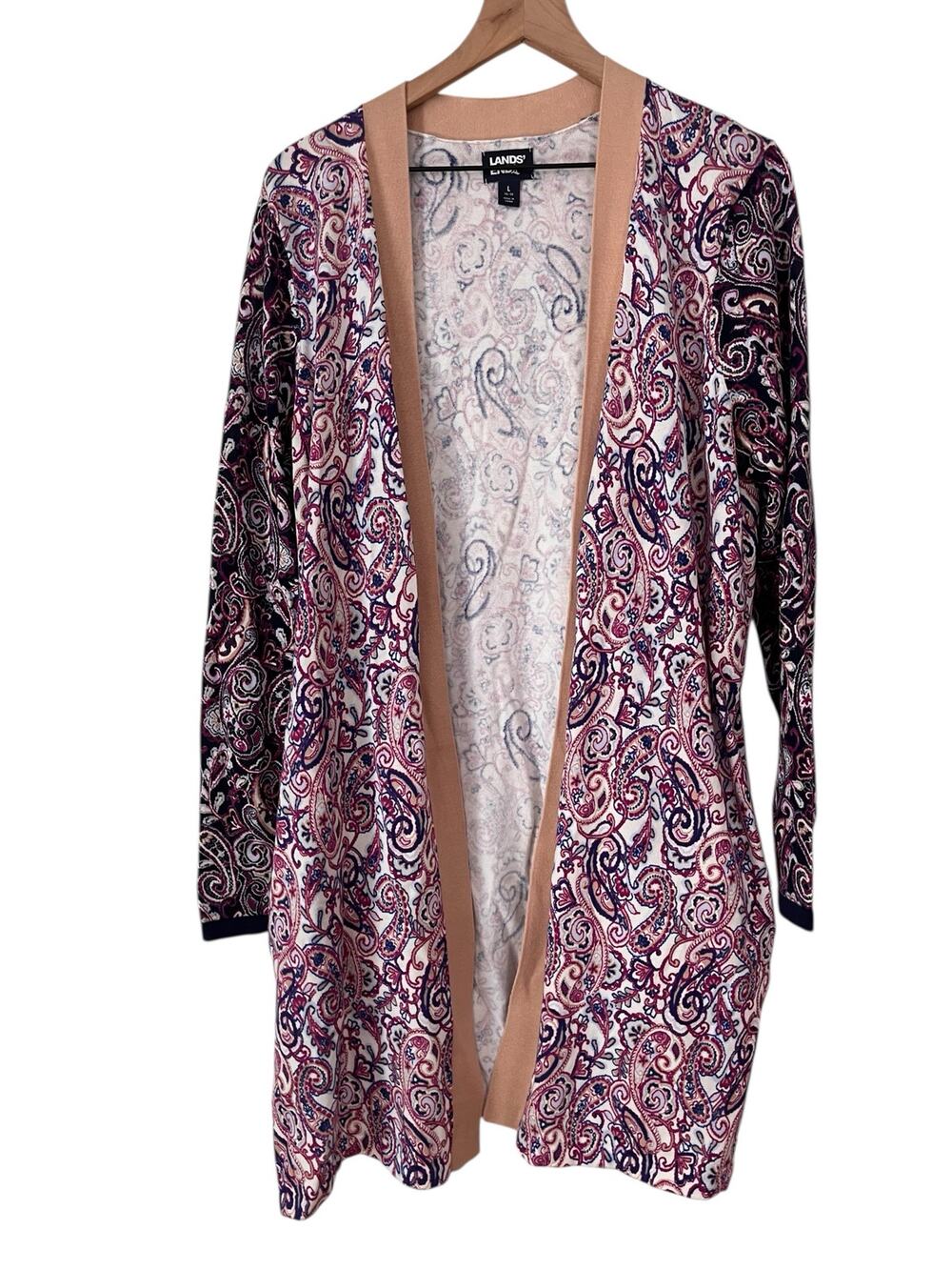 Lands End Womens Purple Pink Paisley Long Sleeve Open Cardigan Size Large
